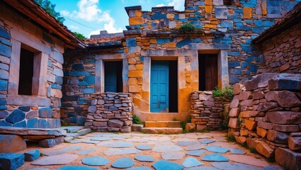 Stone house with wooden accents and a blue door, surrounded by a stone pathway and rustic stone walls.