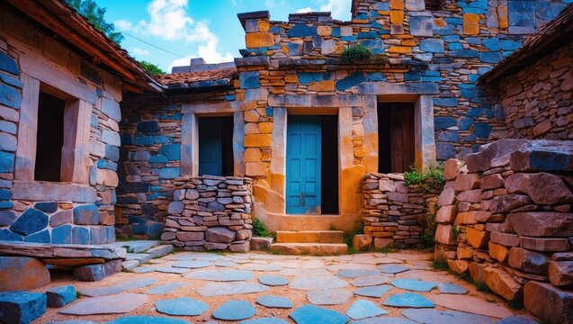 Stone house with wooden accents and a blue door, surrounded by a stone pathway and rustic stone walls.