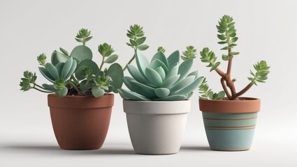 Fototapeta premium Three succulent plants in pots, featuring different styles and colors. Indoor plant decor, modern and minimalistic arrangement. The concept of houseplants and interior styling.