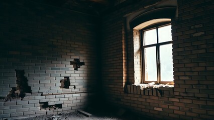 Fototapeta premium Historic Arched Window in Dark, Dilapidated Brick Room