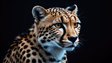 Fototapeta premium Close-up of a cheetah with distinctive spots and intense gaze against a dark background.