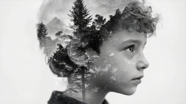 Child's head, nature overlay.  A grayscale image of a child's profile, with a double exposure of a mountain and forest scene inside the head