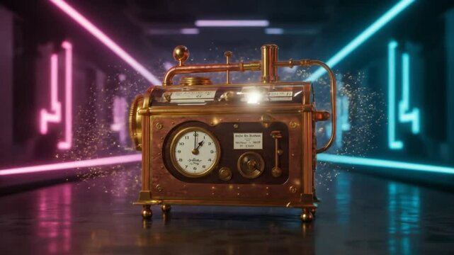 Classic steampunk time machine inside a futuristic virtual environment, ultra HD, glowing particles