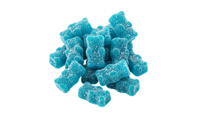 A tempting pile of blue raspberry gummy bears shimmering with a sweet sugary coating on a dark