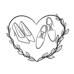 heart-shaped frame wedding illustration featuring a pair of women's high heels and men's dress shoes, framed with leafy branches. A symbolic black-and-white design perfect for romantic or bridal theme