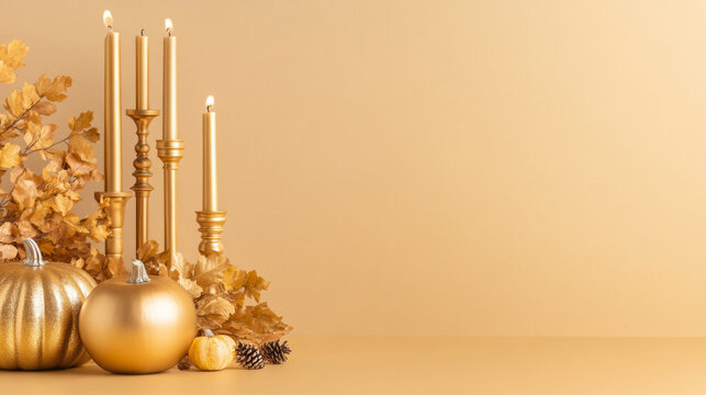 Golden autumn elegance with metallic accents and fall leaves decoration