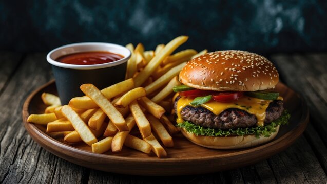 A burger with fries and ketchup on a wooden tray. - Powered by Adobe