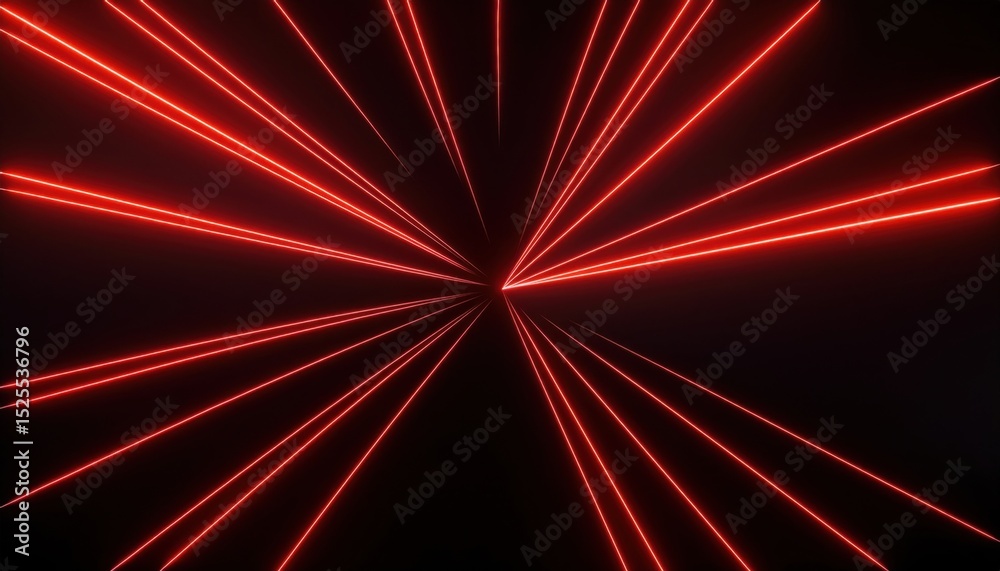Poster  futuristic red laser tunnel with symmetrical glowing light beams converging into vanishing point on black background for sci-fi poster, tech branding, digital art, or web design