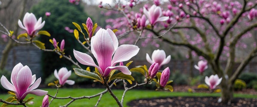 Magnolia flowers in bloom on tree branches in a garden with pink blossoms and greenery. - Powered by Adobe
