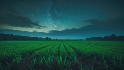 A rural landscape with green fields under a starry night sky and the Milky Way visible. Nature and night sky scene. The concept of night, stars, and agriculture.