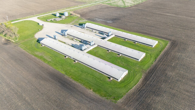 Aerial view above a confined animal operation hog building