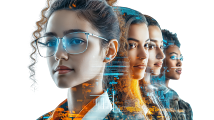 Portrait of a diverse team in retro-futuristic tech attire, holographic charts floating around them, white background, waist-up, PNG