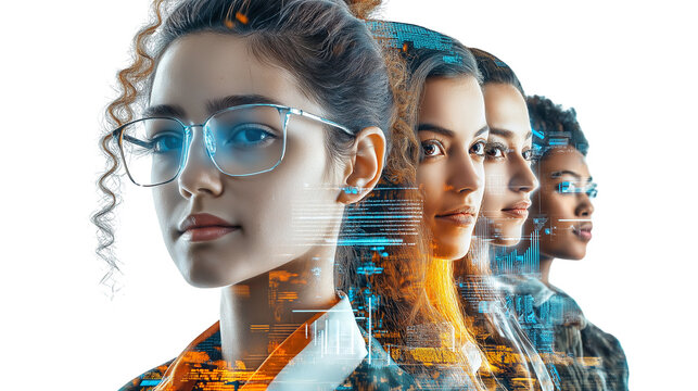 Portrait of a diverse team in retro-futuristic tech attire, holographic charts floating around them, white background, waist-up, PNG