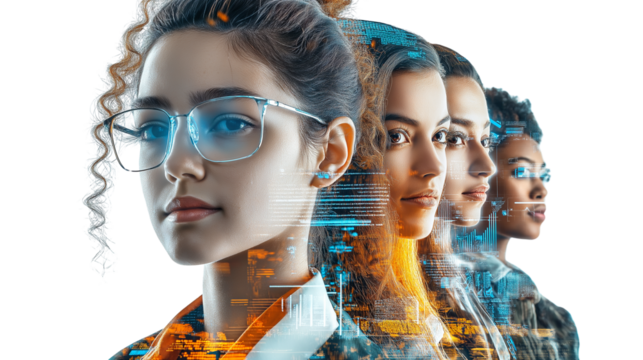 Portrait of a diverse team in retro-futuristic tech attire, holographic charts floating around them, white background, waist-up, PNG