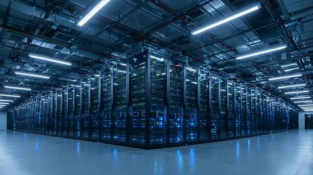Data center room with rows of server racks, high-tech infrastructure for cloud computing