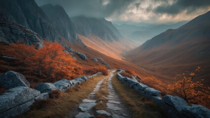 Fototapeta premium A mountain valley with rugged terrain, autumn trees, and a dirt path flanked by rocks, leading toward distant mountains under cloudy skies.