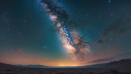 Fototapeta premium Night sky with Milky Way galaxy visible over a desert landscape.
