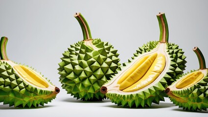 Fresh durians with open and sliced sections arranged on a white surface. Fruit and food, tropical fruit, healthy snacks. The durian's spiky exterior and creamy interior display.