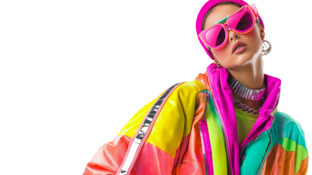 Fashion model in 70s retro-futuristic outfit, chrome accessories and neon accents, isolated PNG