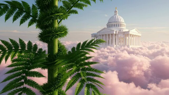 Majestic temple above pink clouds with ascending fern vine in dreamy sky