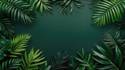 Lush green tropical leaves framing a dark green background. Nature, foliage, and jungle concept. Green plant leaves framing a space for text or design.