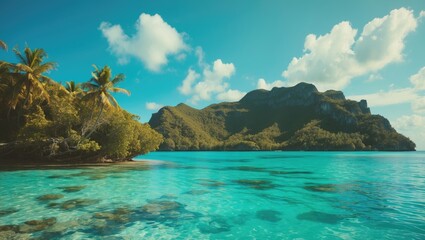 Fototapeta premium Tropical beach with palm trees and mountains reflected in clear blue water under a partly cloudy sky.