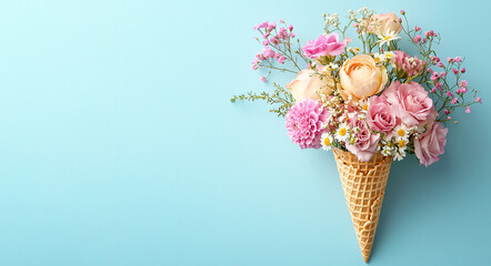 A waffle cone with a bouquet of flowers inside, pastel colours, Flat lay, top view, copy space