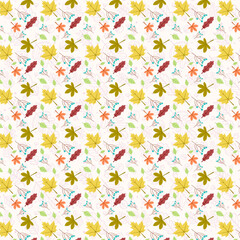 Seamless Hand-Drawn Floral Pattern with Colorful Leaves and Botanical Elements in Soft Pastel Tones – Ideal for Fabric, Wallpaper, and Stationery Design