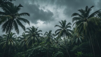 Fototapeta premium Tropical rainforest with tall palm trees under dark, cloudy sky, lush green foliage, and dense vegetation.