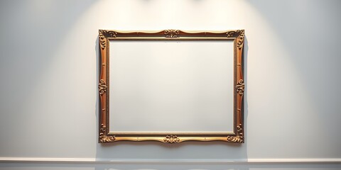Ornate gold picture frame hanging on a white wall with spotlights shining from above centered view