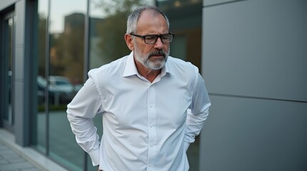 Senior Caucasian man in glasses, wearing a white shirt, looking concerned while standing outside a modern building.