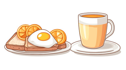 A flat vector cartoon breakfast scene featuring sunny side up eggs bacon toast coffee cup and orange juice on white background no shading no gradients