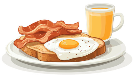 A flat vector cartoon breakfast scene featuring sunny side up eggs bacon toast coffee cup and orange juice on white background no shading no gradients