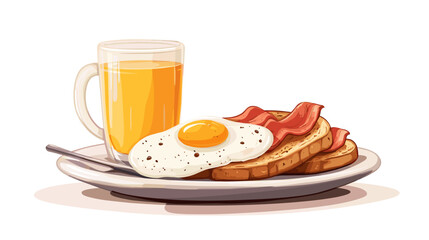 A flat vector cartoon breakfast scene featuring sunny side up eggs bacon toast coffee cup and orange juice on white background no shading no gradients