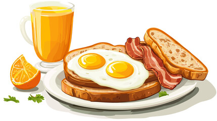 A flat vector cartoon breakfast scene featuring sunny side up eggs bacon toast coffee cup and orange juice on white background no shading no gradients