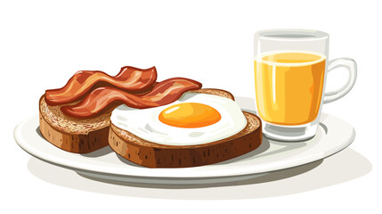 A flat vector cartoon breakfast scene featuring sunny side up eggs bacon toast coffee cup and orange juice on white background no shading no gradients
