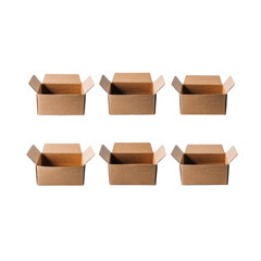 Six open cardboard boxes are arranged in two rows, showcasing their simple, brown design. boxes are empty, highlighting their potential for storage or shipping purposes