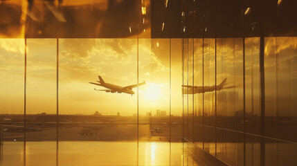Airport terminal hall with sunset