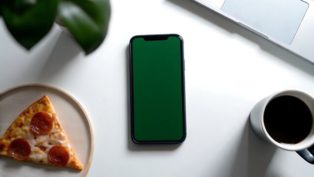 Overhead shot of a desk with a phone with a green screen, pizza and coffee mug
