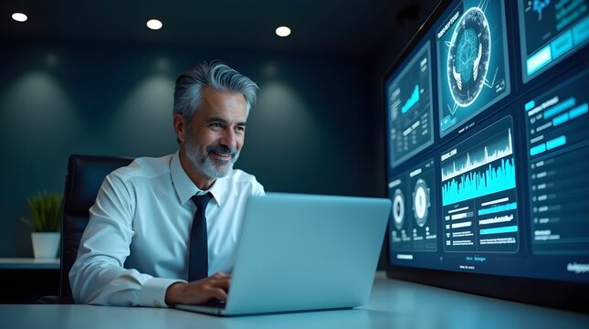 A confident senior man with gray hair smiles while working on a laptop in a modern office with data analysis displays.