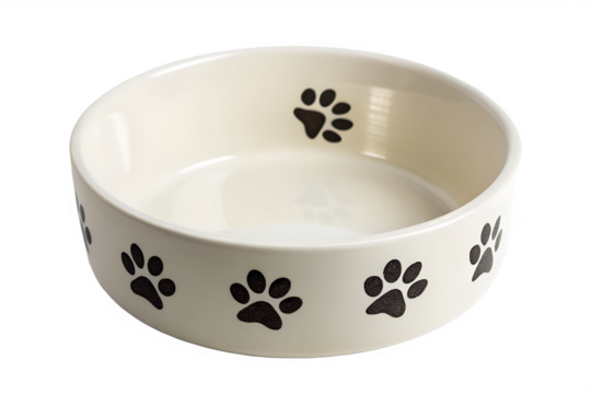 Ceramic pet bowl with paw print design isolated on transparent background