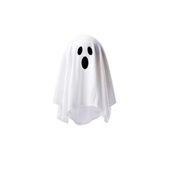 Floating white ghost costume with simple, spooky face on transparency background, perfect for Halloween themes