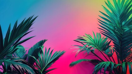 Tropical plants with vibrant sunset background, lush green foliage, and colorful sky, showcasing nature and tropical scenery. Exuberant and vibrant plant life at dusk.