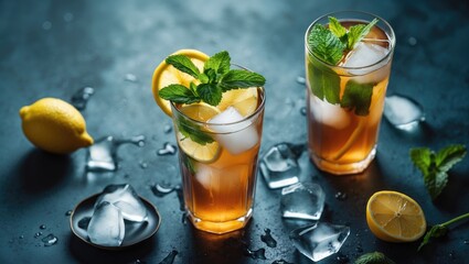 Fototapeta premium Two glasses of iced tea with lemon slices and mint, surrounded by ice cubes and lemons on a dark surface. Refreshing beverages and citrus garnishes. The concept of summer drinks and refreshment.