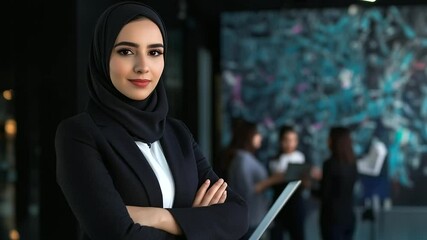 Joyous young Arabic businesswoman in hijab and office suit stands with arms crossed confidently while holding a tablet, with her team collaborating in the background - Powered by Adobe