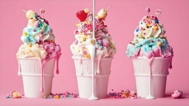 Colorful ice cream sundaes with drizzled topping