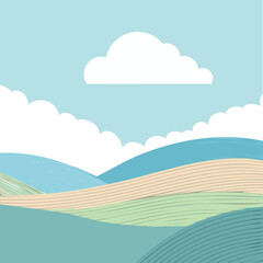 Fototapeta premium Serene Minimalist Landscape Illustration Rolling Hills, Clouds, and Sky