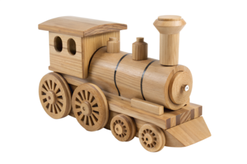 Wooden train toy locomotive steam engine isolated on transparent background