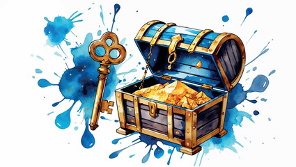 Watercolor Discovery Success - Key Opening Treasure Chest Achievement Reward Illustration