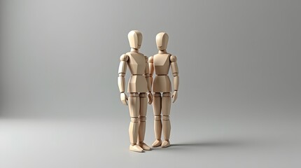 Two wooden mannequin figures standing closely together against a neutral background.
